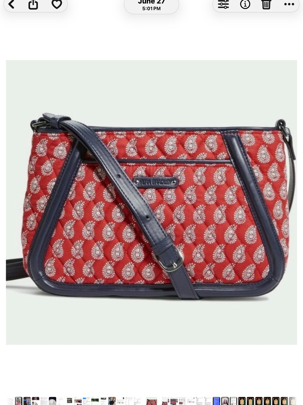 Vera Bradley Red Paisley Crossbody with Navy Trim and Strap, faux-leather trim.